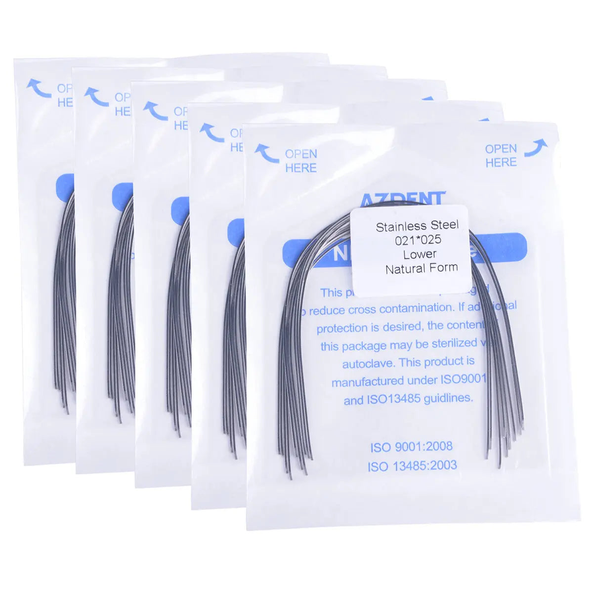 Archwire Stainless Steel Natural Form Rectangular 0.021 x 0.025 Lower 10pcs/Pack displayed in sealed white packets with blue labeling. Curved metal wires visible through transparent packaging, showcasing dental archwires for orthodontic use.