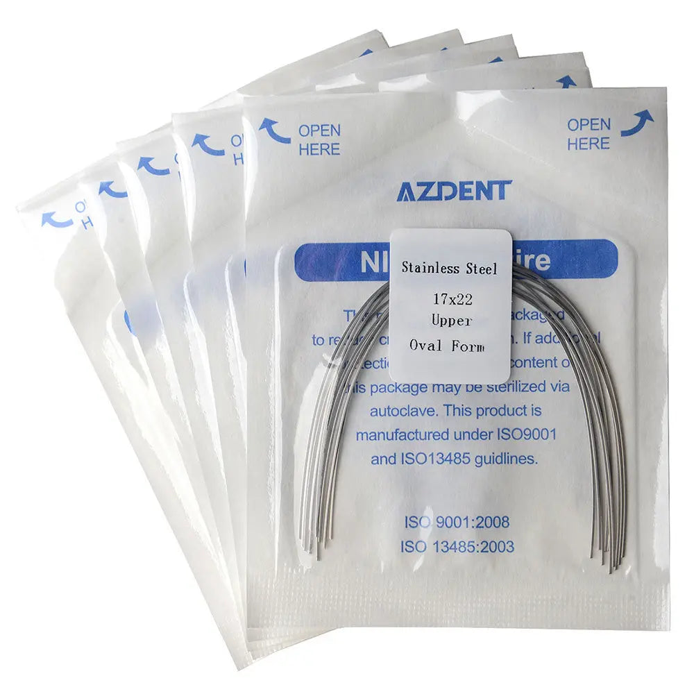 Archwire Stainless Steel Oval Form Rectangular 0.017 x 0.022 Upper 10pcs/Pack displayed in sealed packages. Multiple white plastic pouches with blue labeling showing product details and AZDENT brand name. Curved metal wires visible through transparent windows.