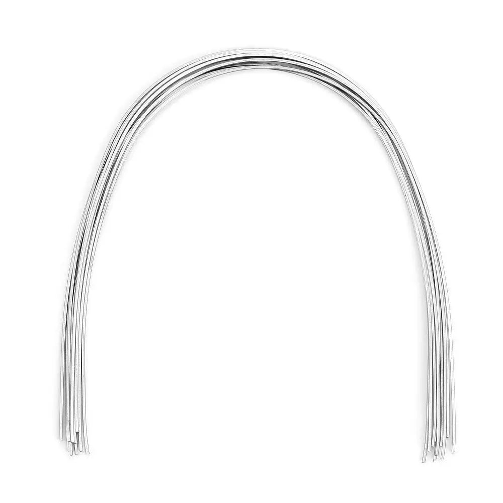 Archwire Stainless Steel Oval Form Rectangular 0.017 x 0.022 Upper 10pcs/Pack, showing a bundle of curved, shiny metal wires for dental orthodontic use. The wires form an arch shape, reflecting light to emphasize their smooth, polished surface.