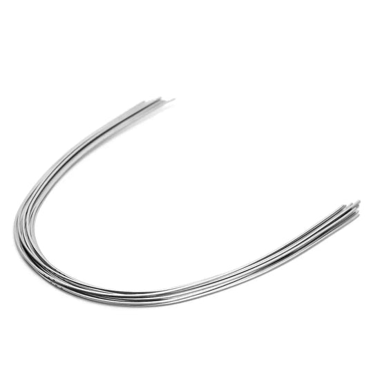 Archwire Stainless Steel Oval Form Rectangular 0.017 x 0.022 Upper 10pcs/Pack: Curved, shiny stainless steel orthodontic wire on white background, showcasing flexibility and oval form for dental applications. Wire appears thin and precisely shaped for upper teeth alignment.