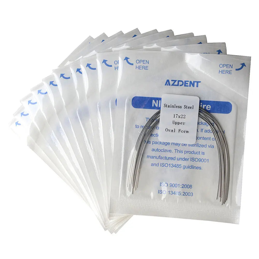 Archwire Stainless Steel Oval Form Rectangular 0.017 x 0.022 Upper 10pcs/Pack displayed in individually sealed packaging. Multiple packets shown, each containing a curved, thin metal wire visible through the transparent front of the package.