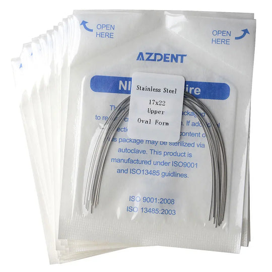 Archwire Stainless Steel Oval Form Rectangular 0.017 x 0.022 Upper 10pcs/Pack by AZDENT. Sealed sterilized packages containing curved orthodontic wires. Product details and specifications visible on package label.