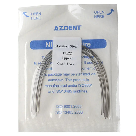 Archwire Stainless Steel Oval Form Rectangular 0.017 x 0.022 Upper 10pcs/Pack in sealed AZDENT package. Curved metal wires visible through clear plastic, with blue product information printed on white background. Sterilizable dental orthodontic product for upper teeth alignment.