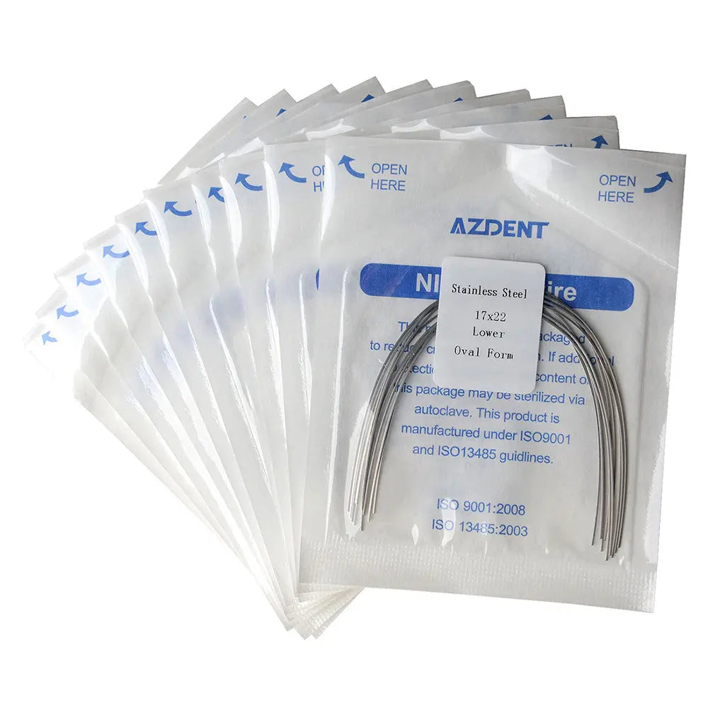 Archwire Stainless Steel Oval Form Rectangular 0.017 x 0.022 Lower 10pcs/Pack shown in sealed packets. Multiple white packaging pouches with blue text and clear windows displaying curved metal wires inside. AZDENT brand visible on packages.