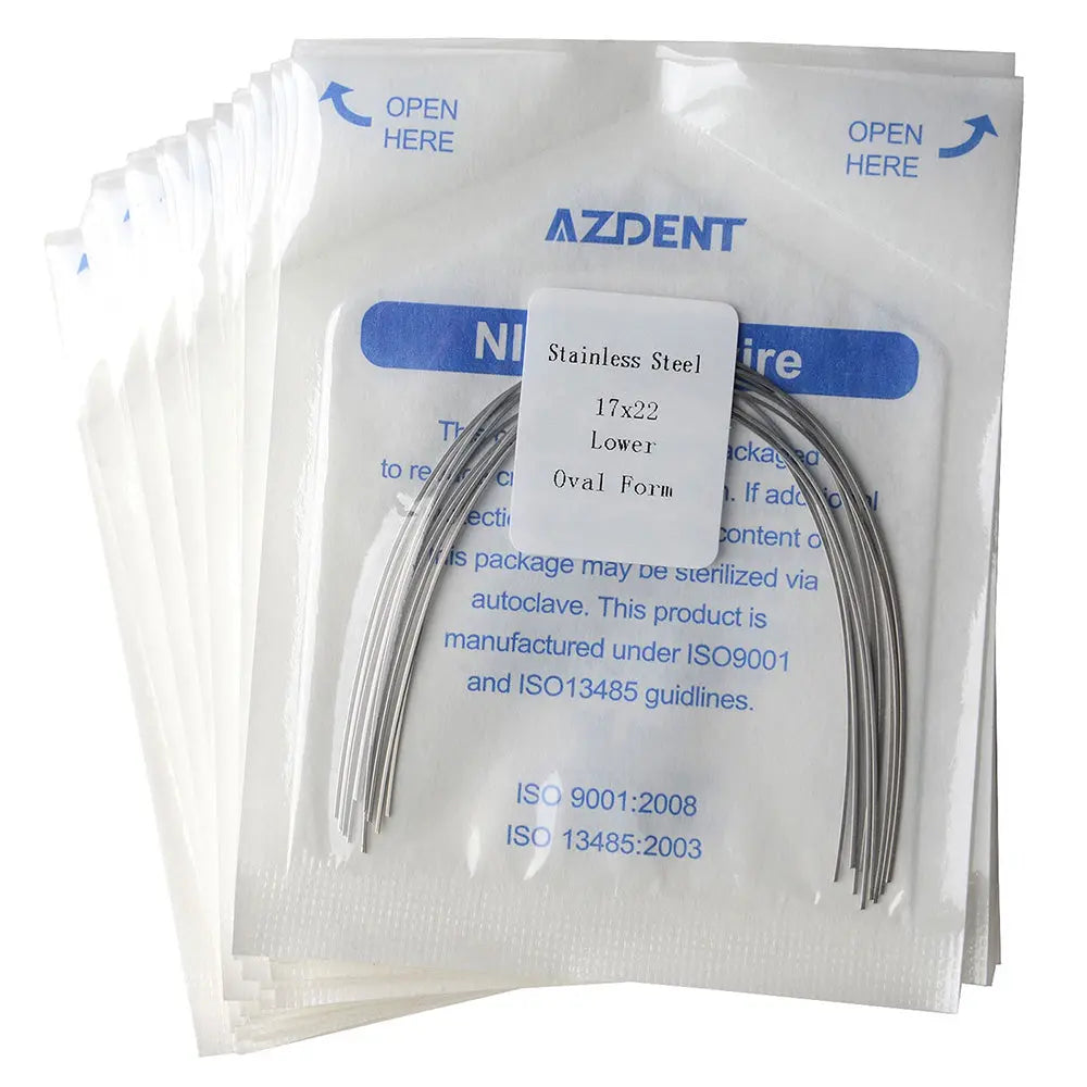 Archwire Stainless Steel Oval Form Rectangular 0.017 x 0.022 Lower 10pcs/Pack displayed in sealed AZDENT packaging. Curved metal wires visible through transparent package front. Blue text provides product details and sterilization information.