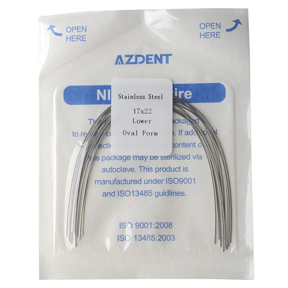 Archwire Stainless Steel Oval Form Rectangular 0.017 x 0.022 Lower 10pcs/Pack in sealed AZDENT packaging, showing curved wires and product details printed in blue text on white background