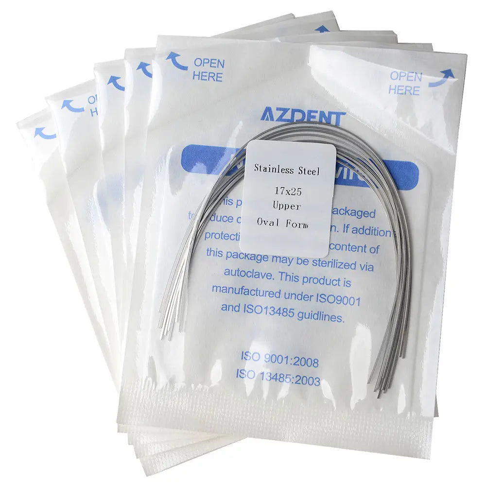 Archwire Stainless Steel Oval Form Rectangular 0.017 x 0.025 Upper 10pcs/Pack displayed in sealed sterilization pouches. Multiple white packages with blue text and curved wires visible through transparent windows. AZDENT brand name visible on packaging.