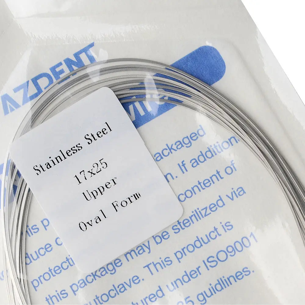 Archwire Stainless Steel Oval Form Rectangular 0.017 x 0.025 Upper 10pcs/Pack in clear packaging with blue label. Close-up of product information card and coiled wire visible through transparent wrapper.