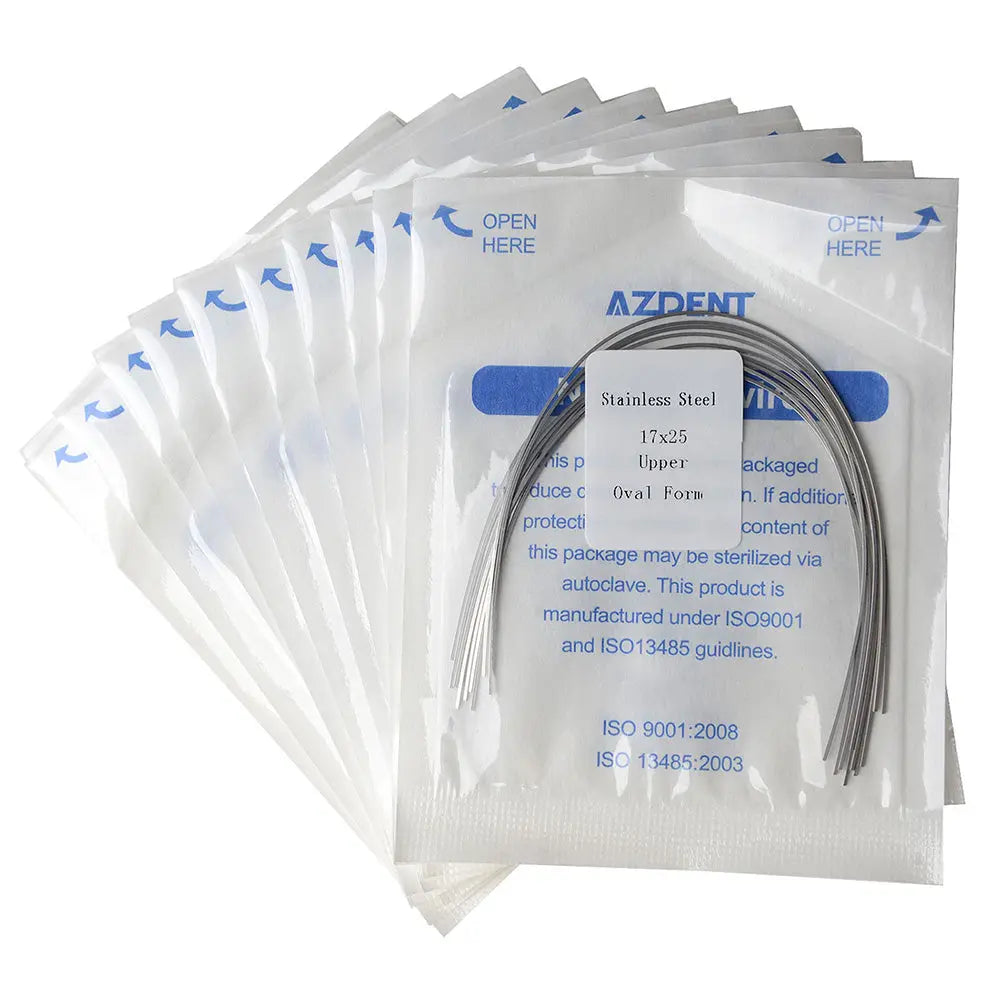 Archwire Stainless Steel Oval Form Rectangular 0.017 x 0.025 Upper 10pcs/Pack displayed in individual sealed packages. Each package contains a curved stainless steel wire for dental orthodontic use, with product details visible on the packaging.