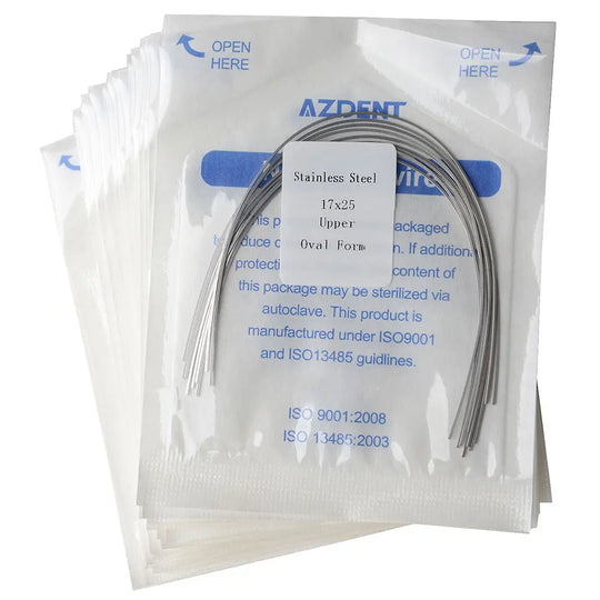 Archwire Stainless Steel Oval Form Rectangular 0.017 x 0.025 Upper 10pcs/Pack displayed in sterilized packaging. Multiple curved wires visible through transparent packet with blue text detailing product specifications and sterilization information.