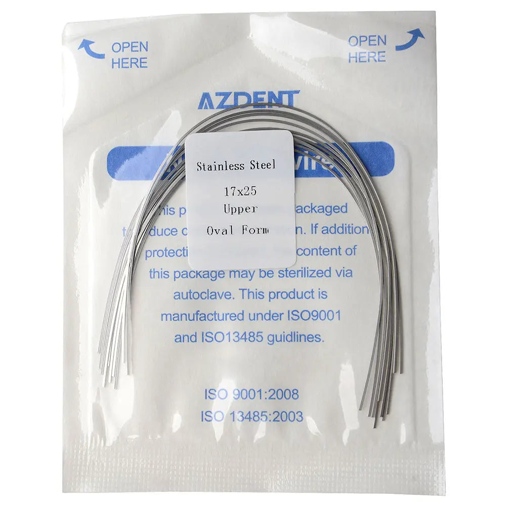 Archwire Stainless Steel Oval Form Rectangular 0.017 x 0.025 Upper 10pcs/Pack in sealed AZDENT packaging. Curved metal wires visible through transparent packet. Product details and sterilization information printed on package.