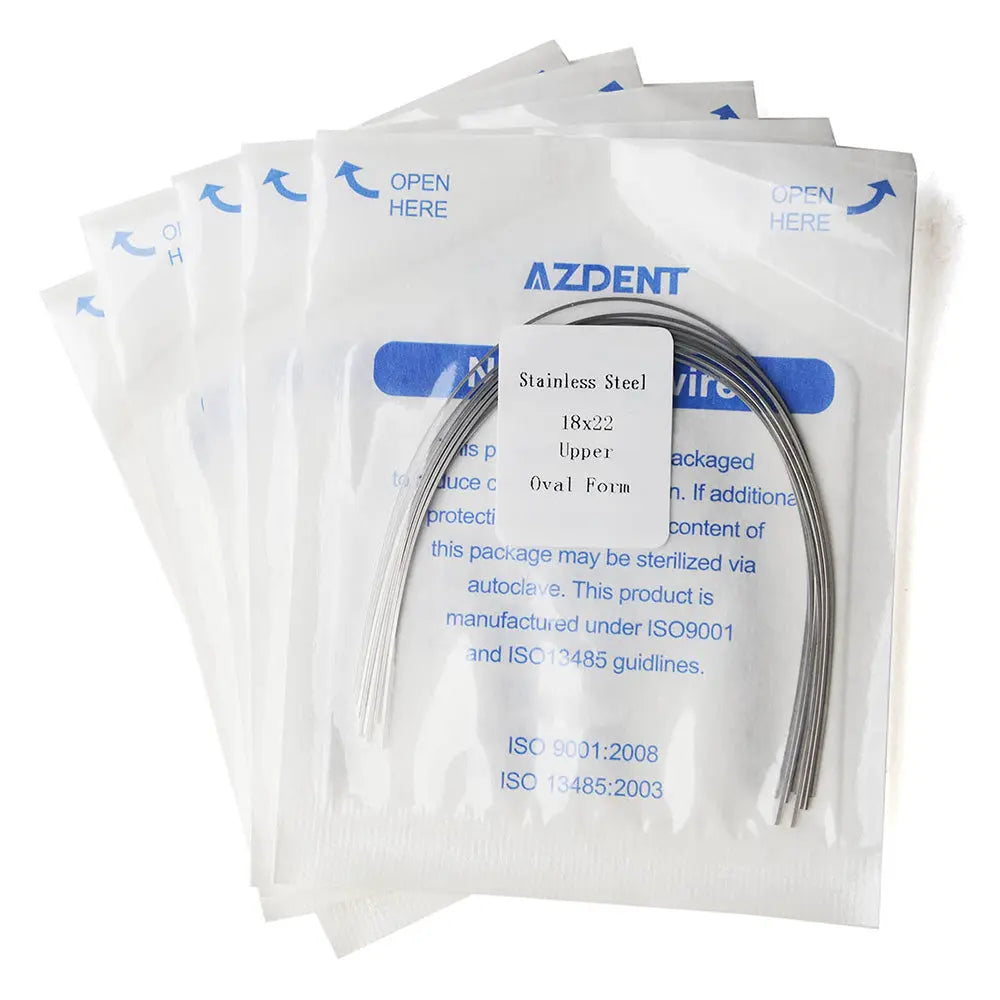 Archwire Stainless Steel Oval Form Rectangular 0.018 x 0.022 Upper 10pcs/Pack - Multiple sealed packages containing curved dental archwires, with product details and AZDENT branding visible on the packaging