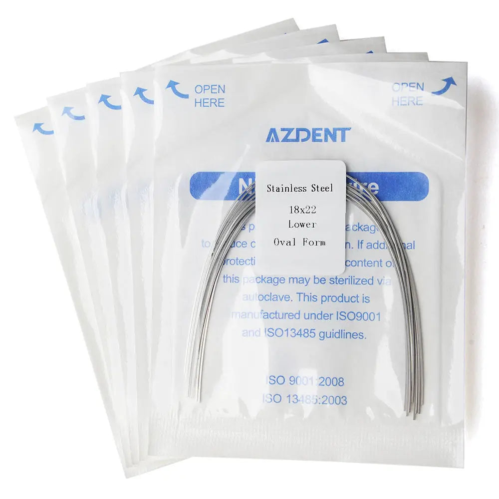 Archwire Stainless Steel Oval Form Rectangular 0.018 x 0.022 Lower 10pcs/Pack - Multiple sealed packages of AZDENT brand dental orthodontic archwires, showing curved stainless steel wires and product information labels