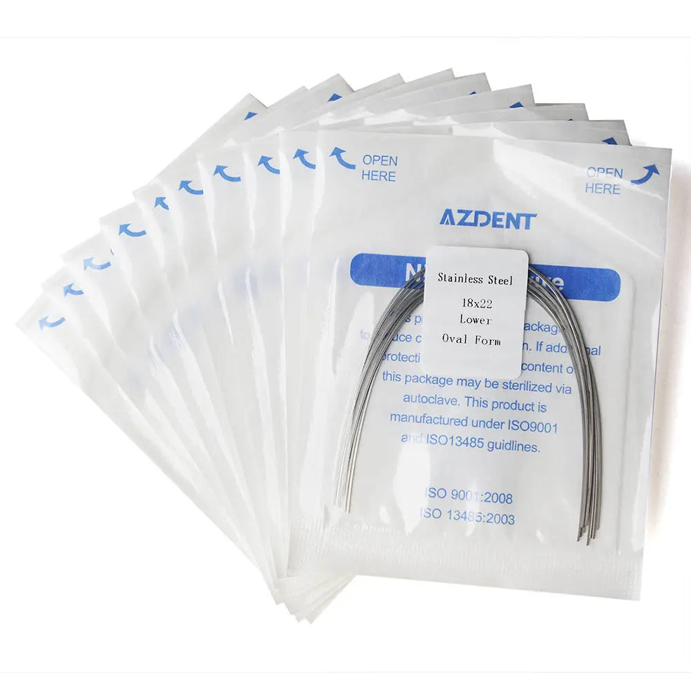 Archwire Stainless Steel Oval Form Rectangular 0.018 x 0.022 Lower 10pcs/Pack displayed in individual sealed packages. Multiple transparent pouches with blue text and arrows, showing curved metal wires inside. AZDENT brand visible on packaging.