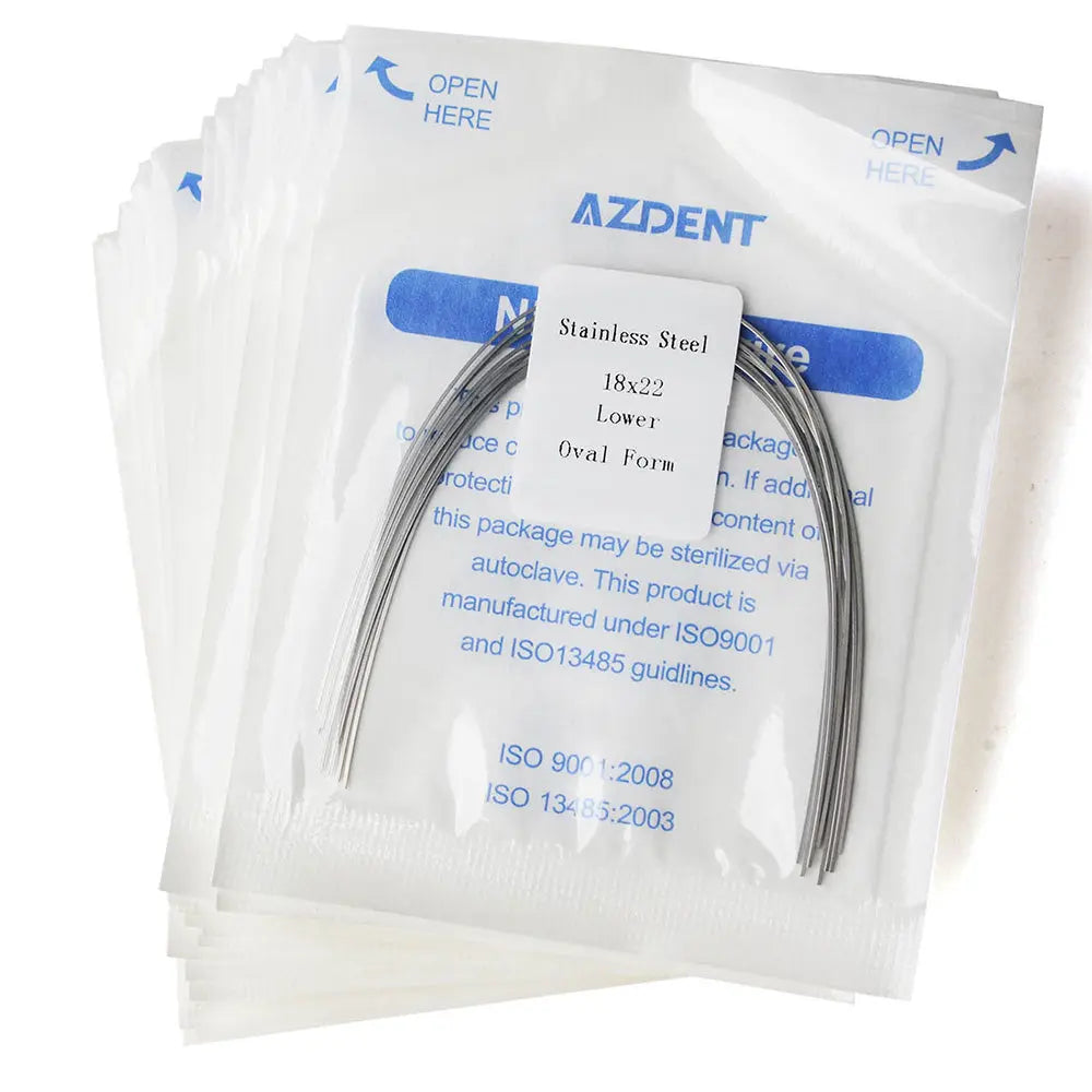 Archwire Stainless Steel Oval Form Rectangular 0.018 x 0.022 Lower 10pcs/Pack displayed in sterile packaging. Multiple sealed AZDENT packets containing curved stainless steel wires for dental orthodontic use, with product details and ISO certification visible.