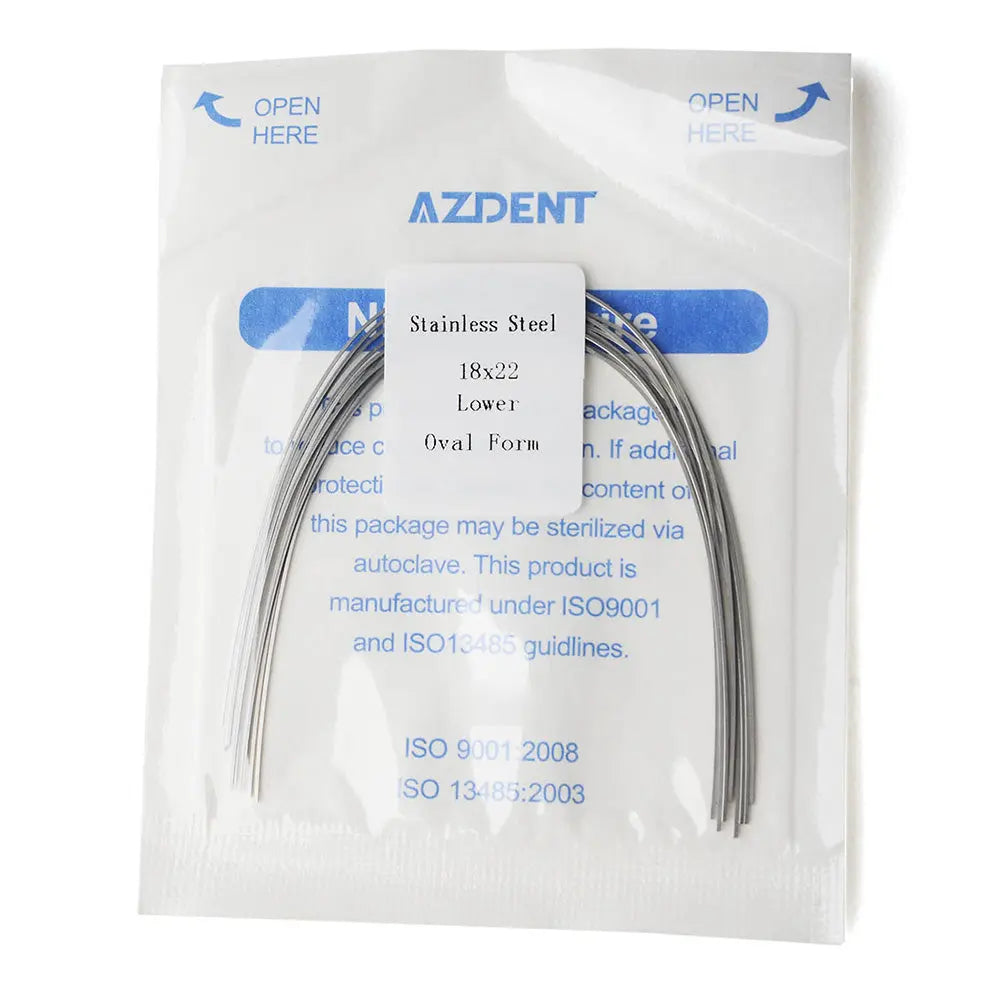 Archwire Stainless Steel Oval Form Rectangular 0.018 x 0.022 Lower 10pcs/Pack in sealed package. AZDENT brand, lower oval form 18x22 stainless steel archwire visible through clear packaging with blue text detailing product specifications and sterilization information.