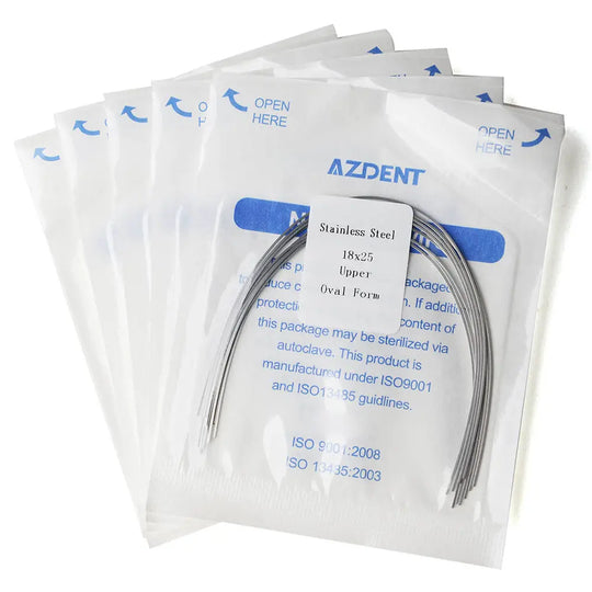 Archwire Stainless Steel Oval Form Rectangular 0.018 x 0.025 Upper 10pcs/Pack. Multiple sealed packages containing curved dental archwires. Packages labeled with AZDENT brand and product details visible through transparent packaging.