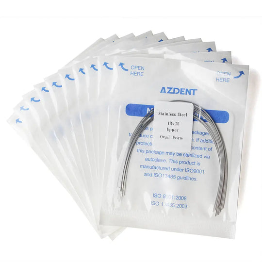 Archwire Stainless Steel Oval Form Rectangular 0.018 x 0.025 Upper 10pcs/Pack displayed as sealed packages with visible curved dental wire, AZDENT branding, and product information printed on packaging