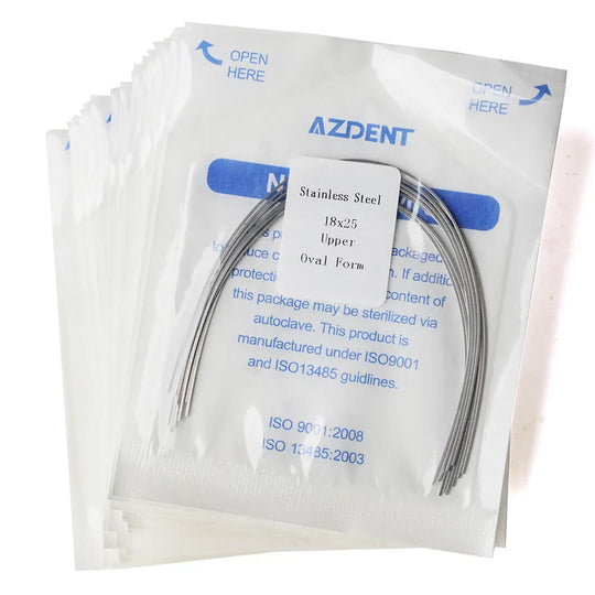 Archwire Stainless Steel Oval Form Rectangular 0.018 x 0.025 Upper 10pcs/Pack in AZDENT packaging. Sealed white pouch with blue text showing product details and sterilization instructions. Curved metal wire visible through transparent window.