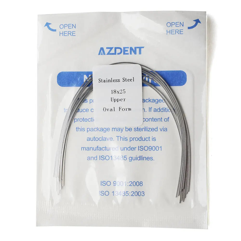 Archwire Stainless Steel Oval Form Rectangular 0.018 x 0.025 Upper 10pcs/Pack in AZDENT packaging. Clear plastic pouch containing curved orthodontic wires, with blue text indicating product details and sterilization instructions. ISO certification information visible.