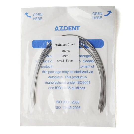 Archwire Stainless Steel Oval Form Rectangular 0.018 x 0.025 Upper 10pcs/Pack in AZDENT packaging. Clear plastic pouch containing curved orthodontic wires, with blue text indicating product details and sterilization instructions. ISO certification information visible.