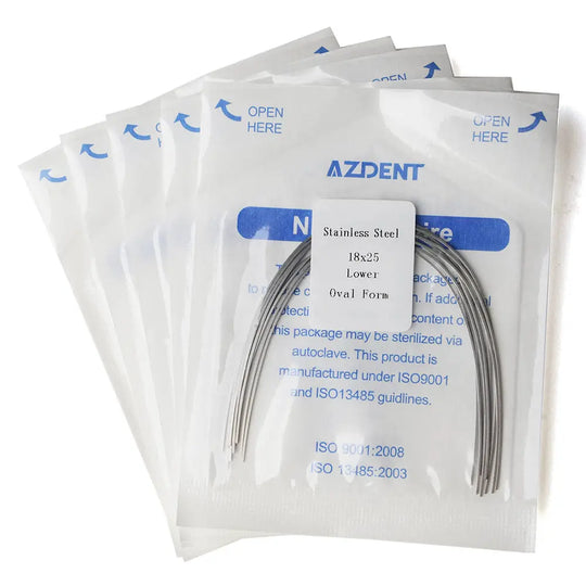 Archwire Stainless Steel Oval Form Rectangular 0.018 x 0.025 Lower 10pcs/Pack, packaged in sealed white pouches with blue text. Each pouch contains curved metal wires visible through a clear window, labeled with product specifications.