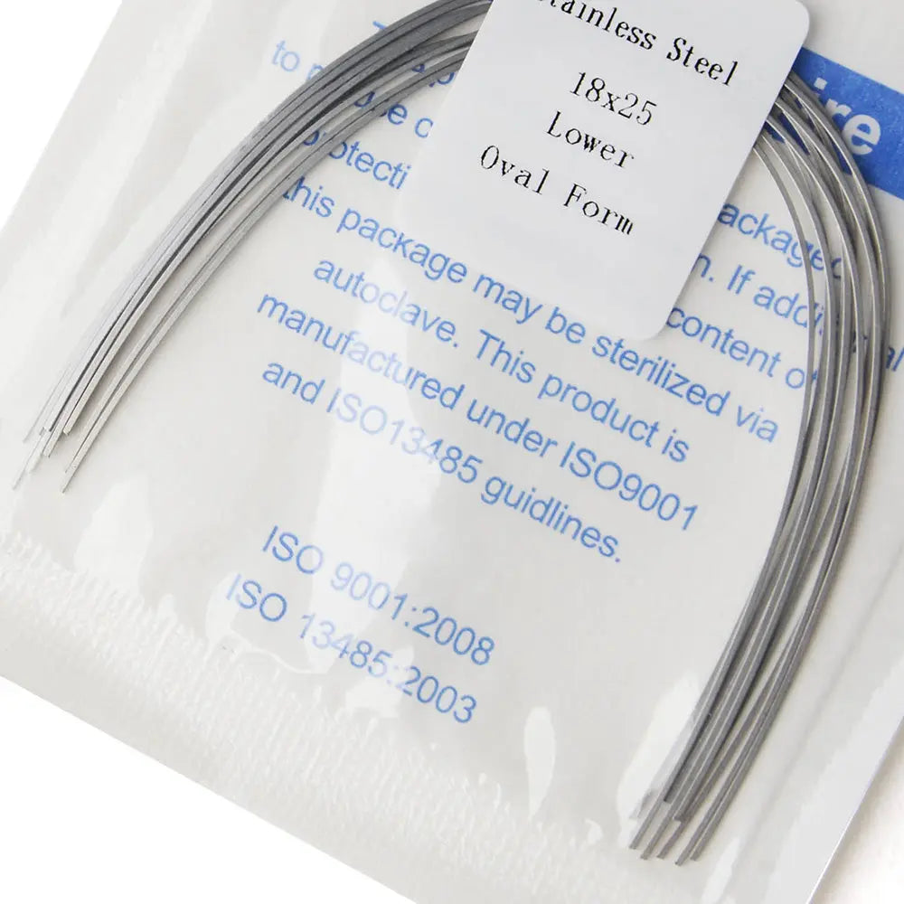 Archwire Stainless Steel Oval Form Rectangular 0.018 x 0.025 Lower 10pcs/Pack in sterile packaging. Curved metal wires visible through clear package with product details printed on white label. ISO certification information visible on packaging.