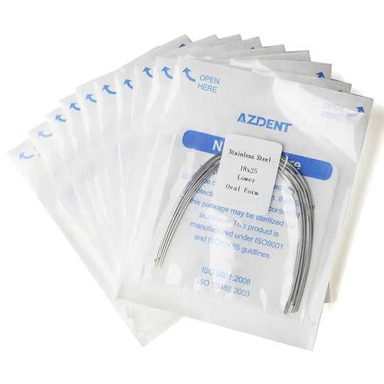 Archwire Stainless Steel Oval Form Rectangular 0.018 x 0.025 Lower 10pcs/Pack displayed in sealed AZDENT packaging. Multiple white packets stacked, showing curved metal wires inside clear window. Blue text visible on packets.