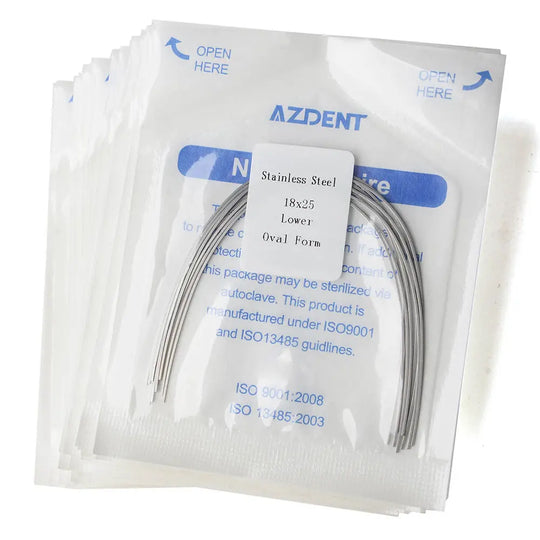 Archwire Stainless Steel Oval Form Rectangular 0.018 x 0.025 Lower 10pcs/Pack in sealed AZDENT packaging with blue labeling. Curved wire visible through transparent package window. Sterilization and manufacturing standards printed on package.