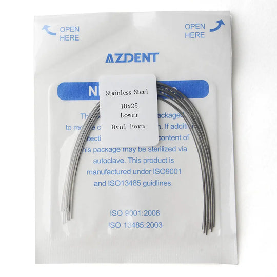 Archwire Stainless Steel Oval Form Rectangular 0.018 x 0.025 Lower 10pcs/Pack in AZDENT packaging. Curved metal wires visible through clear package with blue text detailing product specifications and sterilization information.