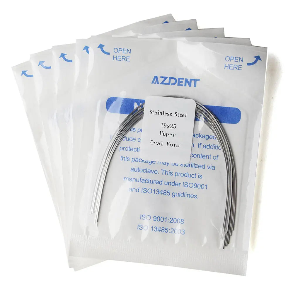 Archwire Stainless Steel Oval Form Rectangular 0.019 x 0.025 Upper 10pcs/Pack displayed in sealed packages with AZDENT branding. Curved metal wire visible through transparent packaging, showcasing the dental orthodontic product's shape and material.