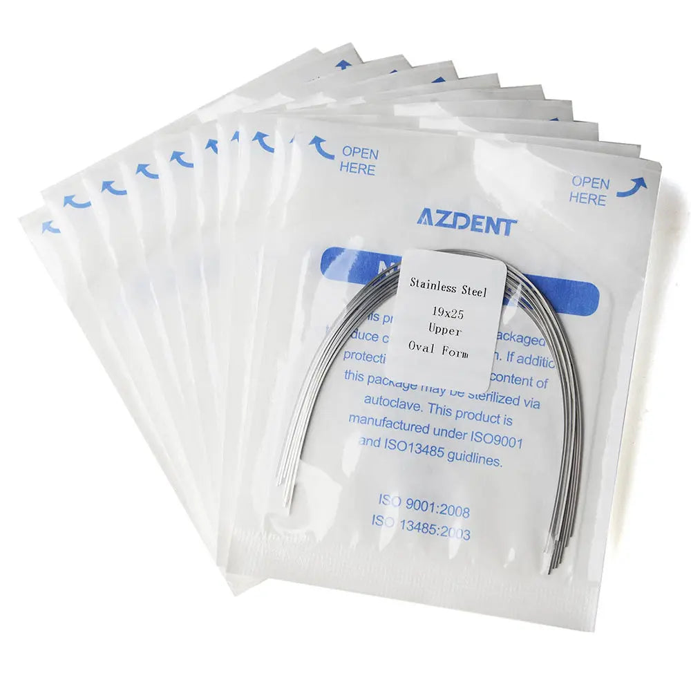 Archwire Stainless Steel Oval Form Rectangular 0.019 x 0.025 Upper 10pcs/Pack displayed in sealed packages. Multiple white plastic pouches with blue text and product details visible, containing curved metal orthodontic wires for dental use.