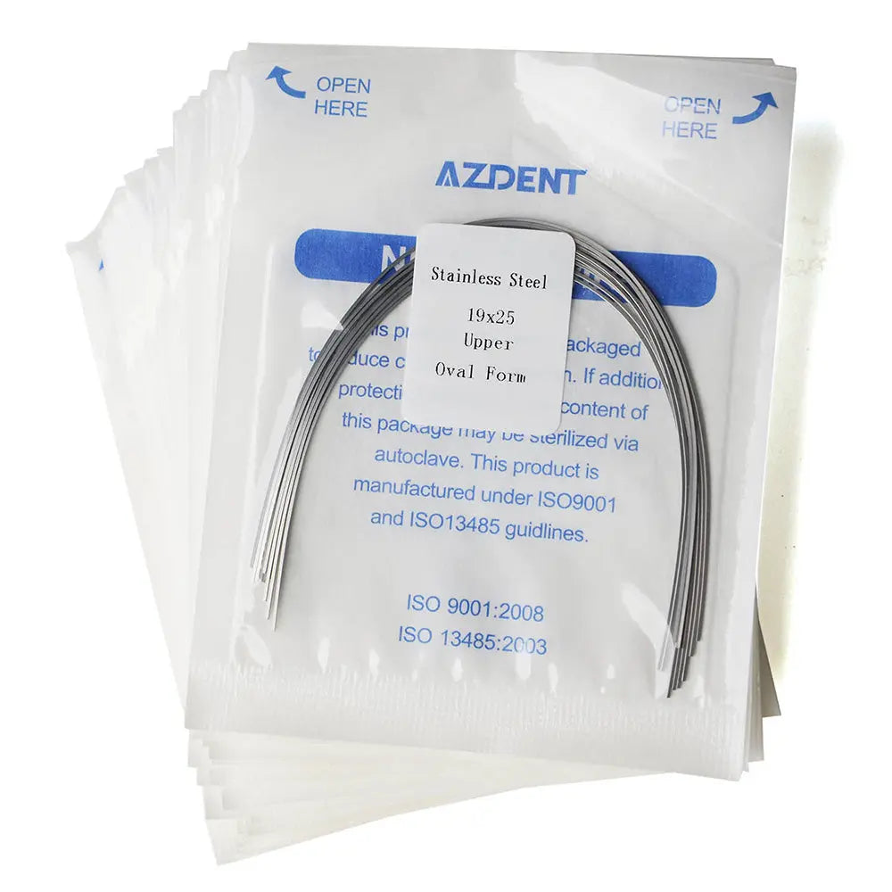 Archwire Stainless Steel Oval Form Rectangular 0.019 x 0.025 Upper 10pcs/Pack packaged in sterilized pouches, displaying AZDENT brand and product details, with visible curved wire inside transparent packaging