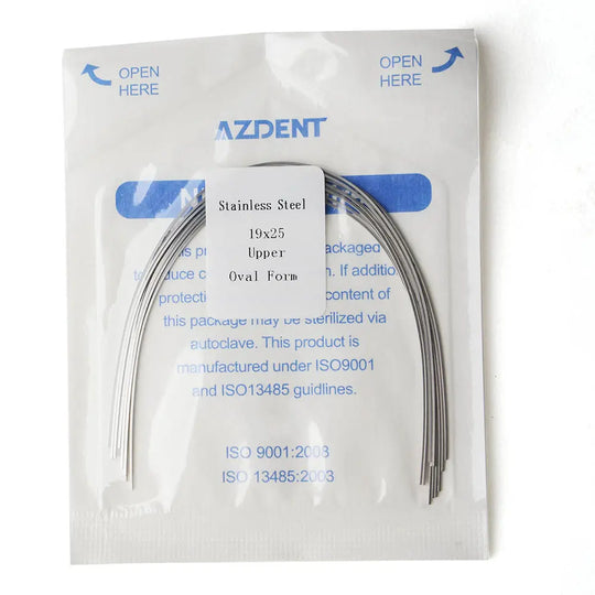 Archwire Stainless Steel Oval Form Rectangular 0.019 x 0.025 Upper 10pcs/Pack in AZDENT packaging. Sealed white packet with blue text displaying product details and curved metal wires visible through transparent window.