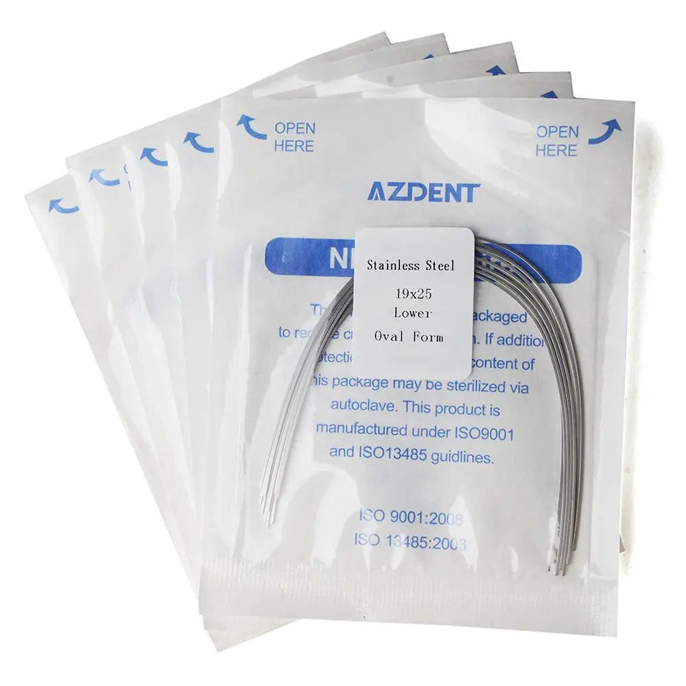 Multiple sealed packages of Archwire Stainless Steel Oval Form Rectangular 0.019 x 0.025 Lower 10pcs/Pack, showing AZDENT brand and product details on white packaging with blue text. Visible curved wire sample in one package.