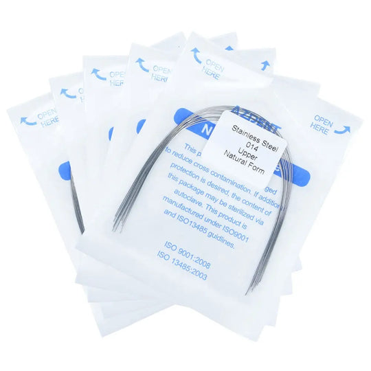 Arch Wire Stainless Steel Natural Form Round 0.014 Upper 10pcs/Pack displayed in sealed transparent packets. Multiple packets stacked, showing curved wire shape inside. Product packaging features blue text and arrows, indicating dental orthodontic use.