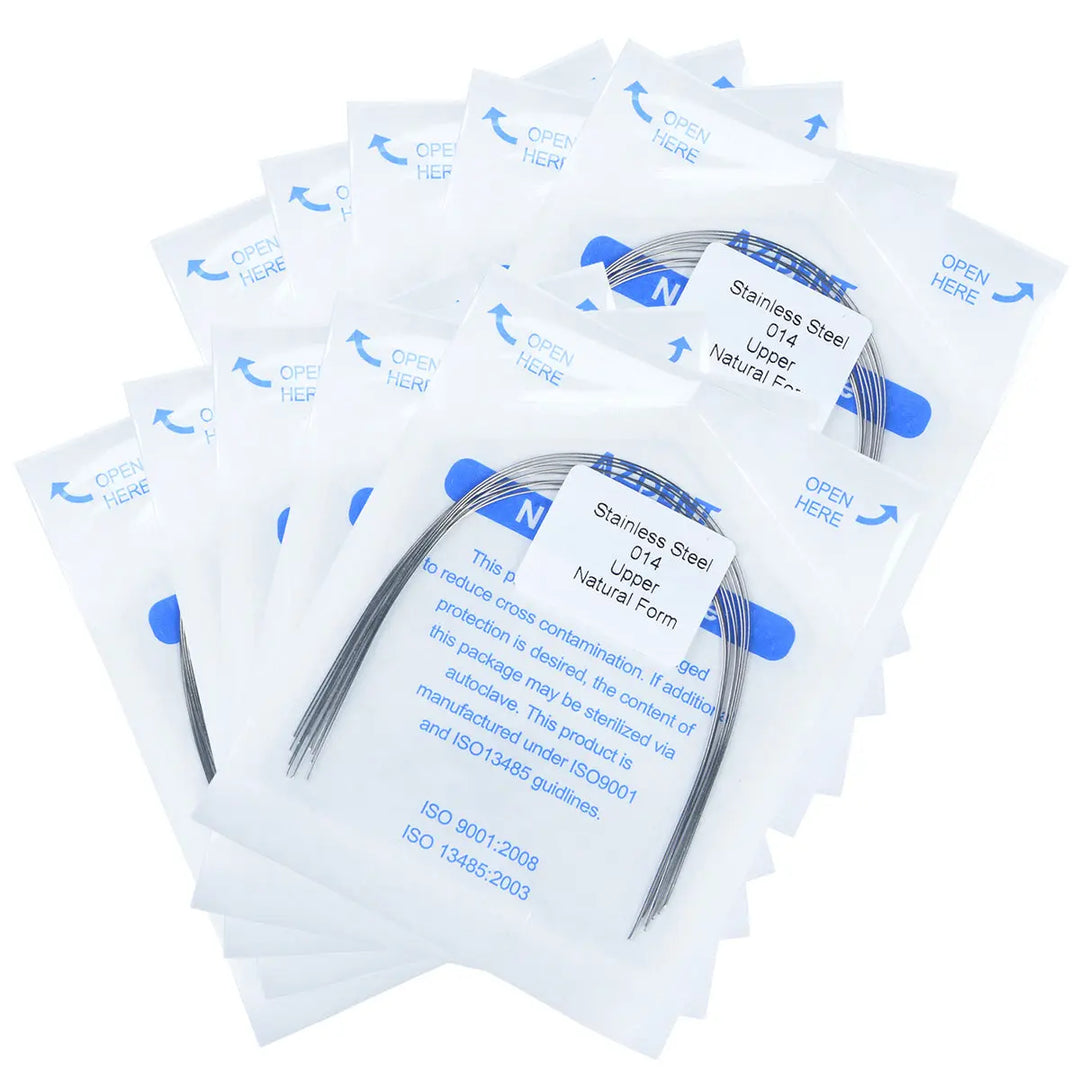 Arch Wire Stainless Steel Natural Form Round 0.014 Upper 10pcs/Pack displayed in individual sealed packages. Multiple packs of curved orthodontic wires arranged in a stack, showcasing product packaging and quantity for dental professionals.