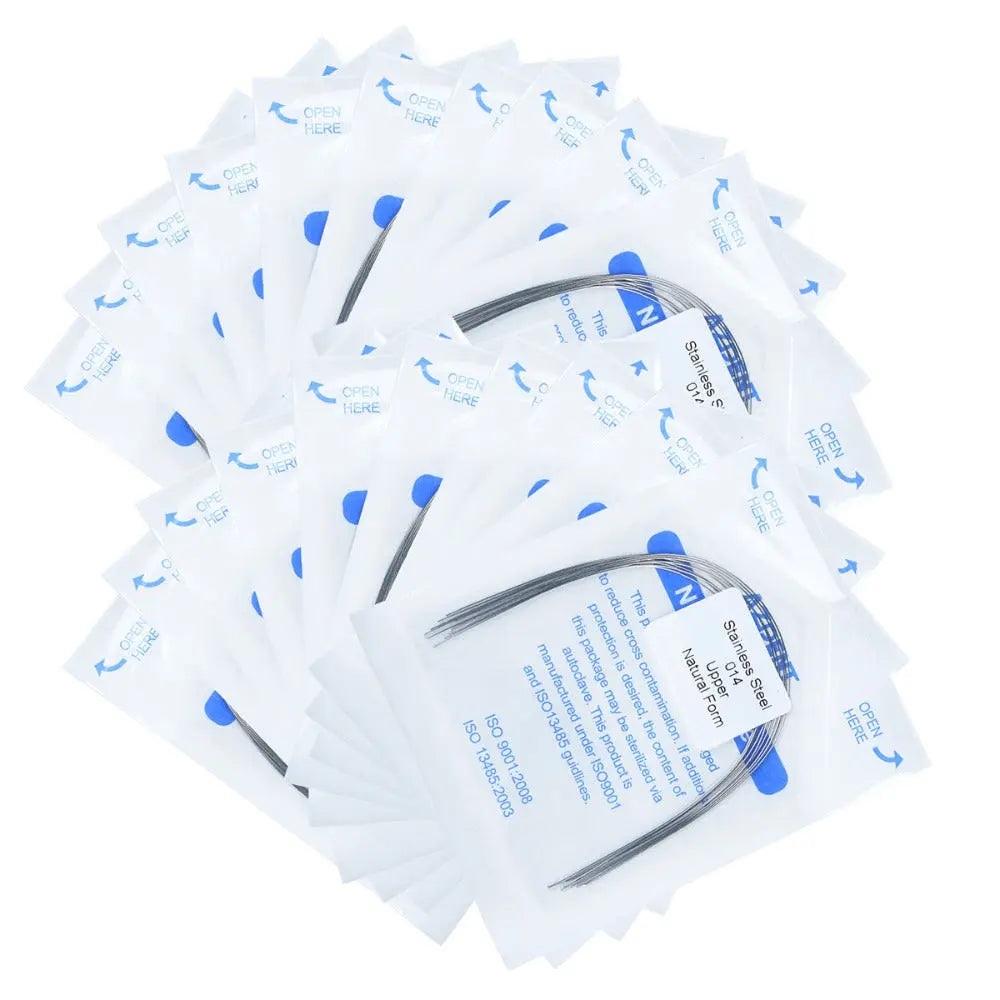 Arch Wire Stainless Steel Natural Form Round 0.014 Upper 10pcs/Pack displayed in sealed transparent packets with blue labeling, stacked in rows showing curved wire shape for orthodontic use, highlighting product packaging and quantity