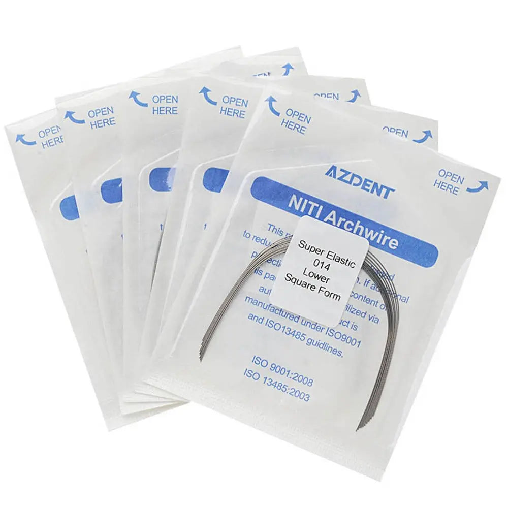 Archwire NiTi Super Elastic Square Round 0.014 Lower 10pcs/Pack in sealed packages. Multiple white plastic pouches with blue text, displaying product details and "OPEN HERE" instructions. One package in front shows the curved archwire inside.