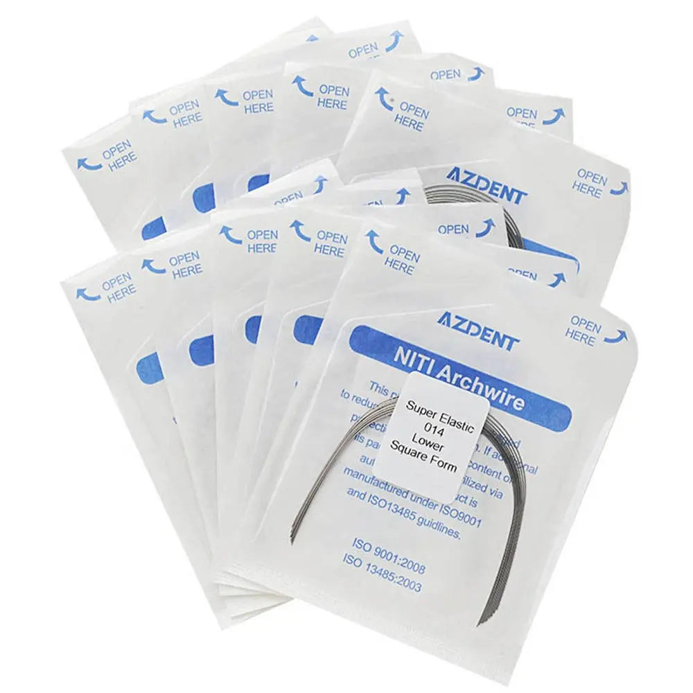 Archwire NiTi Super Elastic Square Round 0.014 Lower 10pcs/Pack: Multiple sealed packages of dental orthodontic archwires, labeled AZDENT NiTi Archwire, showing curved wire samples inside. White packaging with blue text and logos, indicating professional dental product.