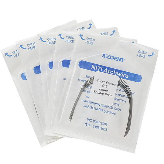 Archwire NiTi Super Elastic Square Round 0.016 Lower 10pcs/Pack: Dental orthodontic archwires in sealed packaging, featuring NiTi Archwire branding and product details. Multiple transparent packets with blue text visible, showcasing the specialized dental wire inside.