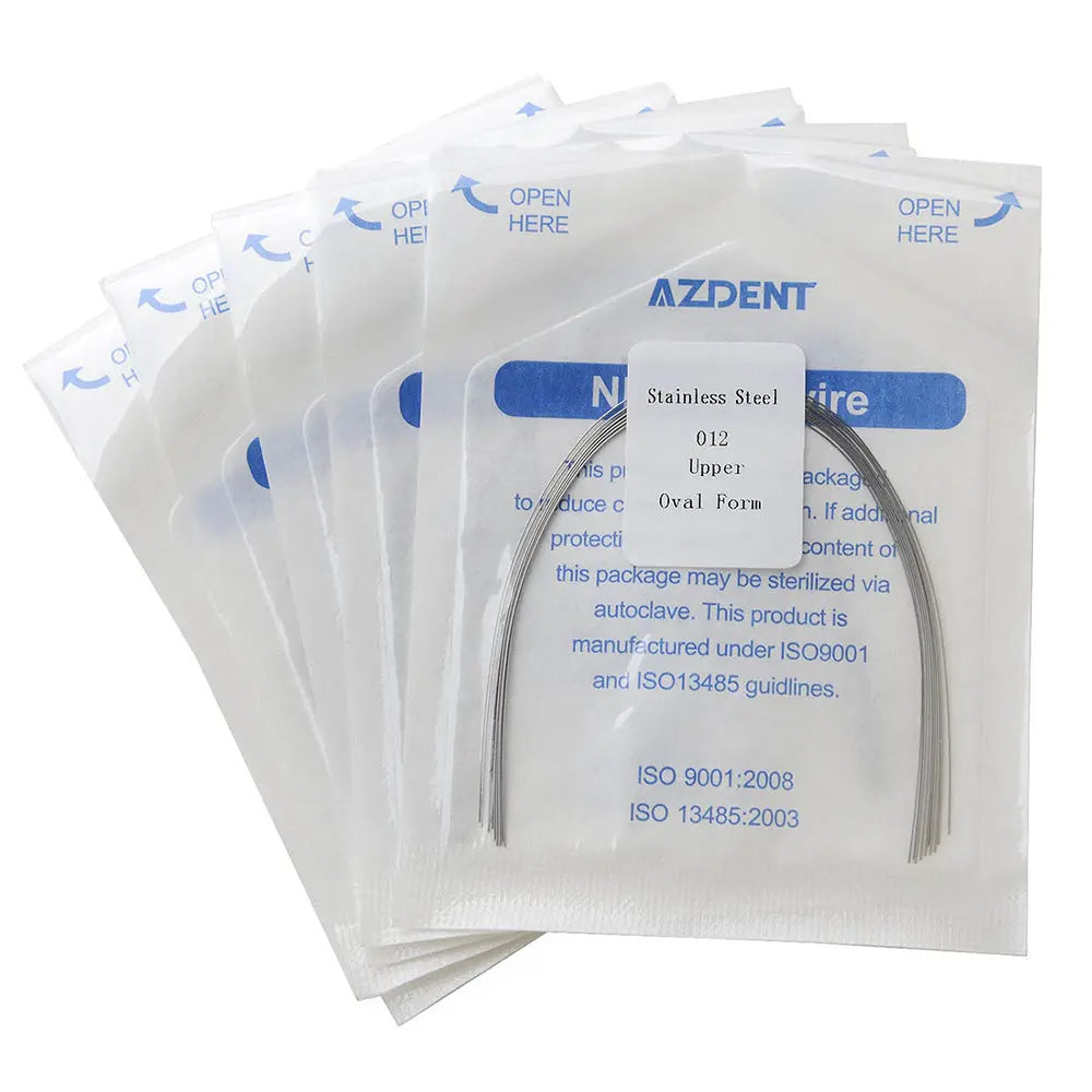 Archwire Stainless Steel Oval Form Round 0.012 Upper 10pcs/Pack displayed in individual sterile packages. Curved dental wire visible through transparent packaging with blue text. Multiple sealed pouches stacked, showing product details and sterilization information.