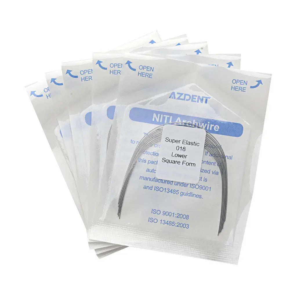 Archwire NiTi Super Elastic Square Round 0.018 Lower 10pcs/Pack: Multiple sealed packets of dental orthodontic archwires, displaying product information and AZDENT branding. Clear packaging with blue text, showcasing the NiTi archwire's curved shape and specifications.