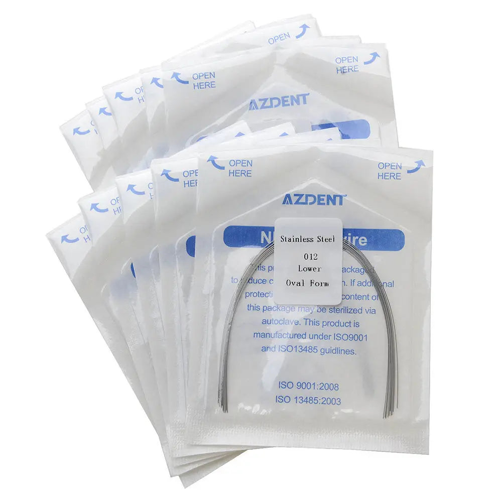 Archwire Stainless Steel Oval Form Round 0.012 Lower 10pcs/Pack displayed in sealed packages. Multiple transparent pouches with blue AZDENT branding contain curved stainless steel wires for orthodontic use. Product details visible on packaging.