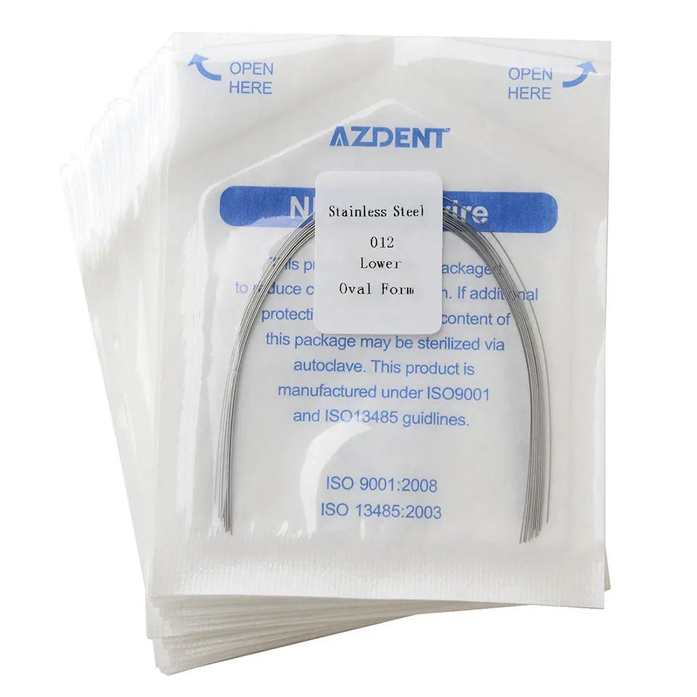 Archwire Stainless Steel Oval Form Round 0.012 Lower 10pcs/Pack by AZDENT in sealed package. Curved wire visible through clear packaging with product details and sterilization information printed in blue text.