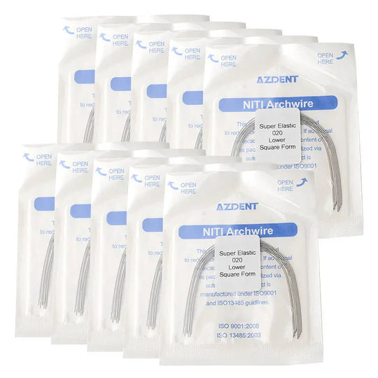 Archwire NiTi Super Elastic Square Round 0.020 Lower 10pcs/Pack displayed in multiple sealed packages, showing AZDENT brand and NiTi Archwire product details on white packaging with blue labeling