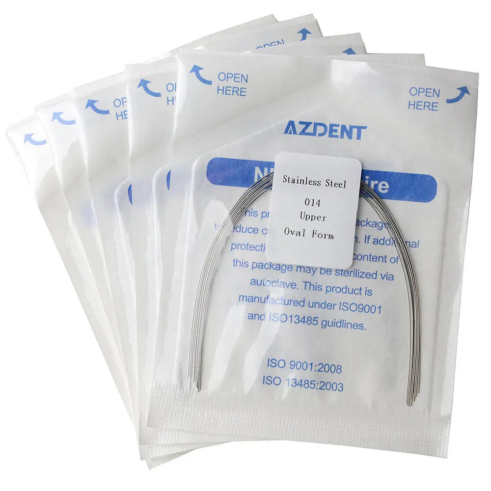 Archwire Stainless Steel Oval Form Round 0.014 Upper 10pcs/Pack displayed in sealed AZDENT packages. Multiple white plastic pouches with blue text, showcasing dental orthodontic wires visible through transparent windows.