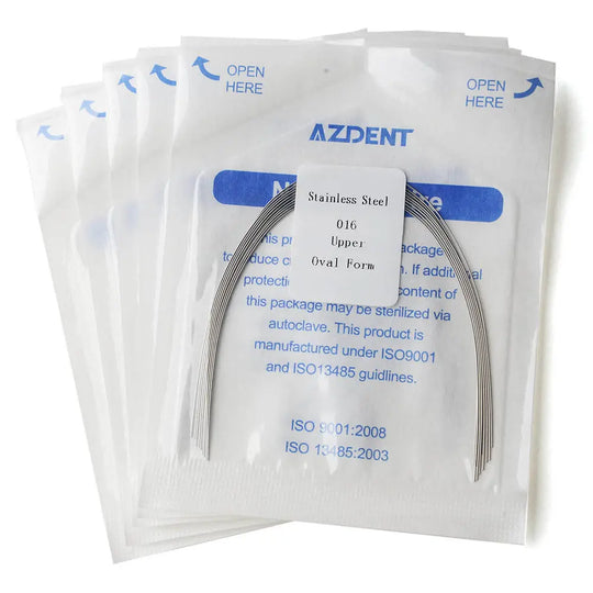 Archwire Stainless Steel Oval Form Round 0.016 Upper 10pcs/Pack displayed in sealed sterile packaging. Multiple packets shown with blue text and AZDENT branding. One packet open revealing curved metal wire for dental orthodontic use.