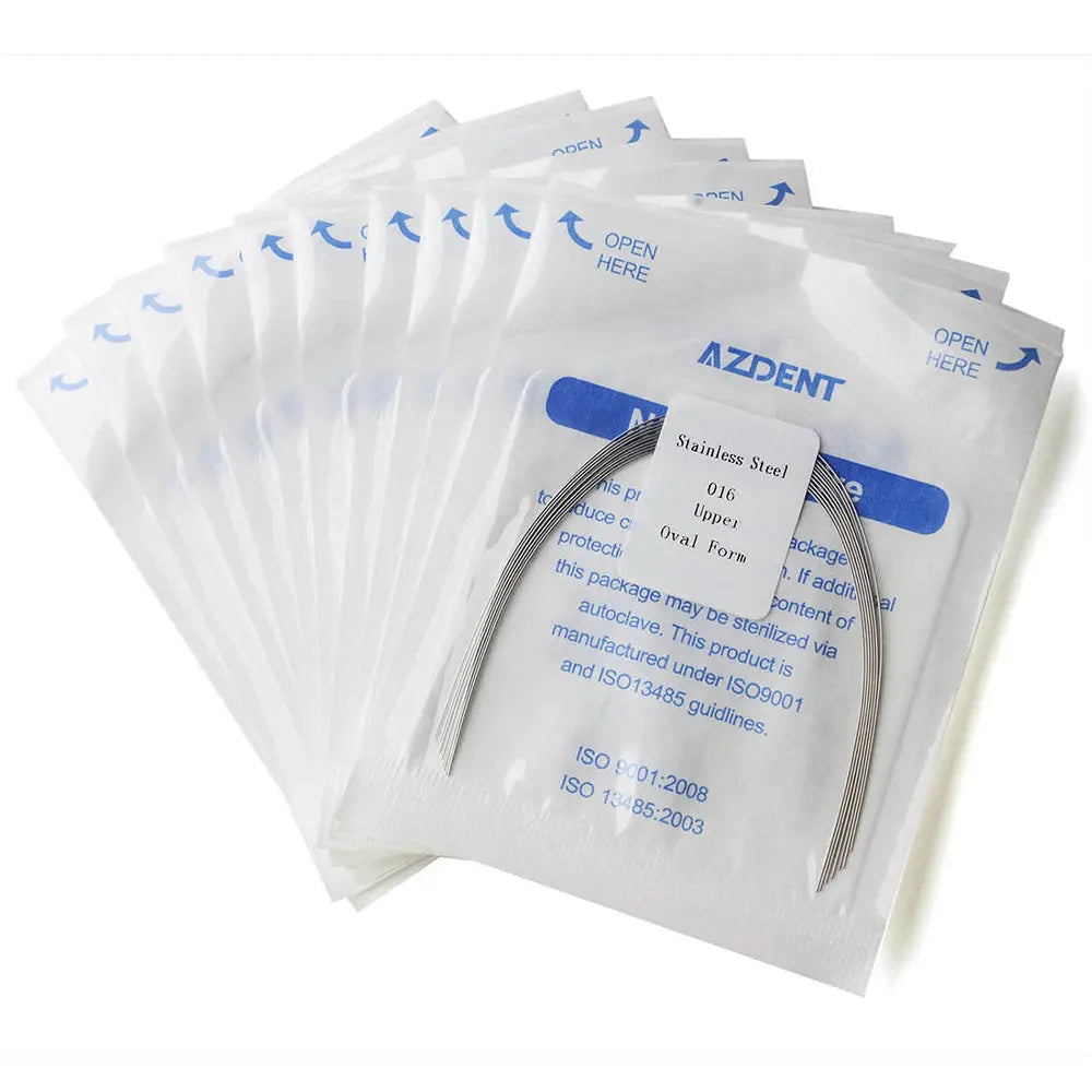 Archwire Stainless Steel Oval Form Round 0.016 Upper 10pcs/Pack displayed in individual sterile packaging. Multiple sealed white pouches with blue labeling and a visible curved metal wire inside each packet, arranged in a fan-like layout.