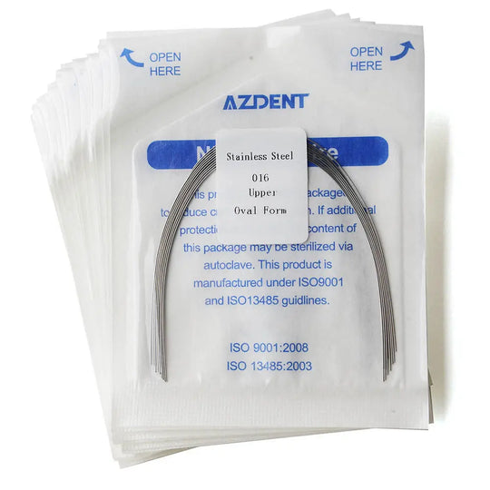 Archwire Stainless Steel Oval Form Round 0.016 Upper 10pcs/Pack by AZDENT. Sealed packages containing curved dental orthodontic wires. Product details visible on packaging, including size and material specifications. Sterilizable via autoclave, manufactured under ISO standards.